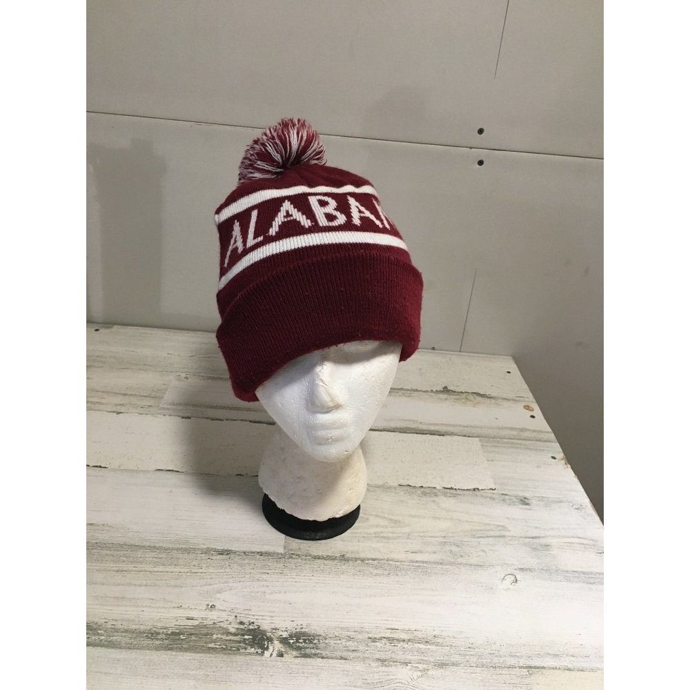 Alabama Roll Tide burgundy & white beenie hat with pompom